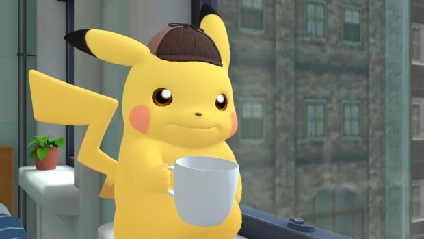 Detective Pikachu from Detective Pikachu Returns holding a cup of coffee
